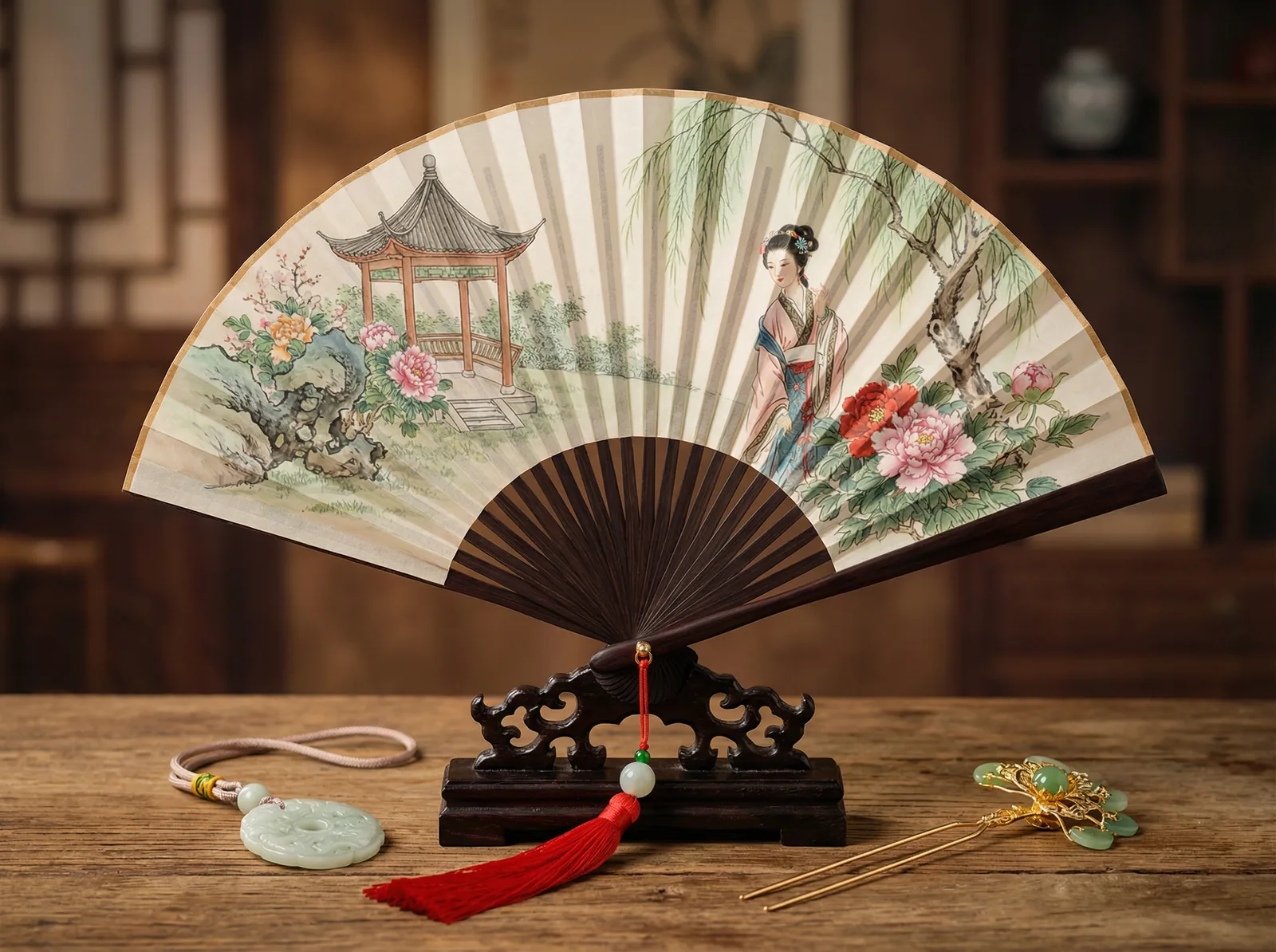 集芳阁 - 牡丹仕女手绘团扇